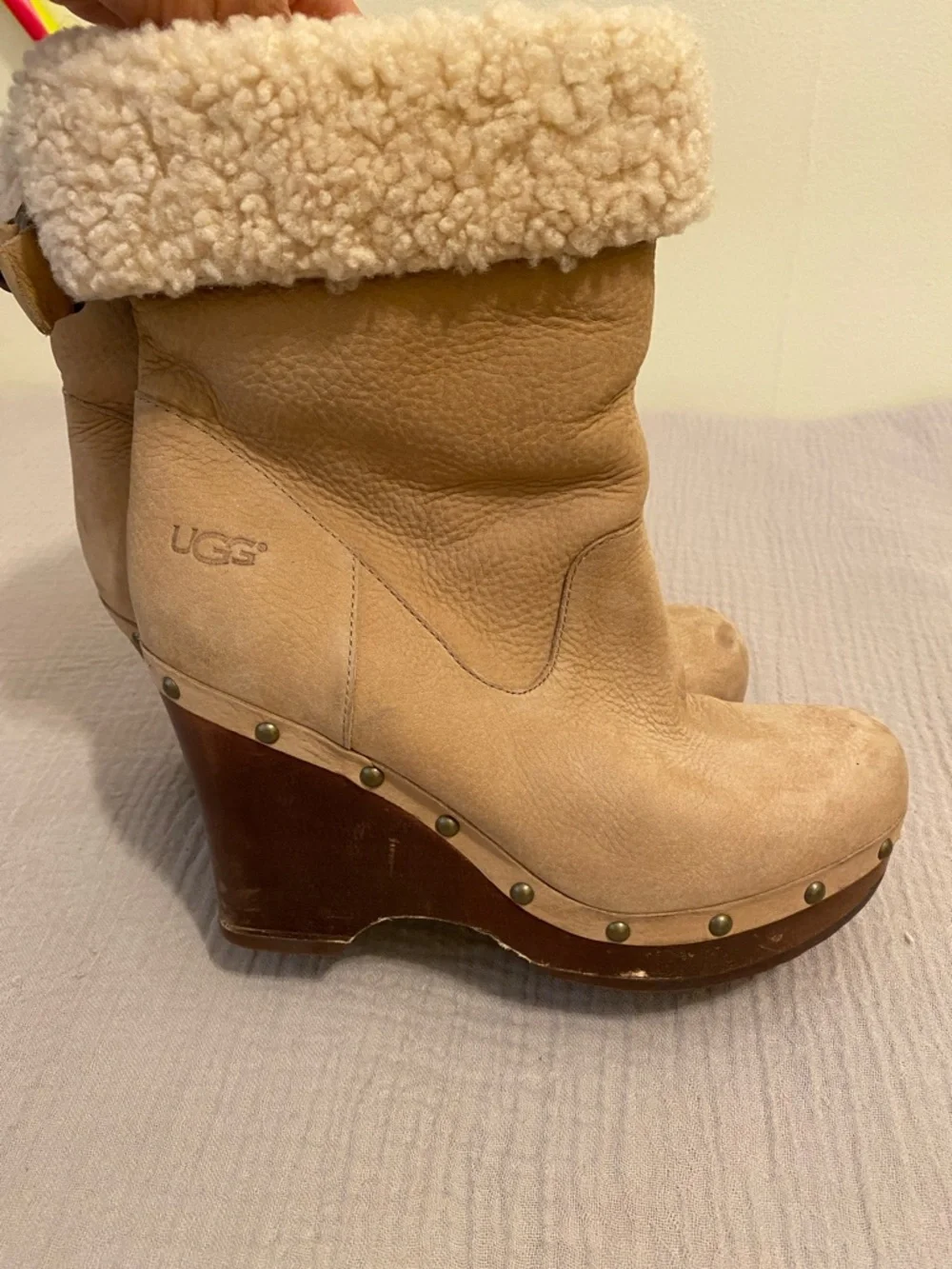 UGG Women's Tan Shearling Cuffed Wedge Boots. Size 8
